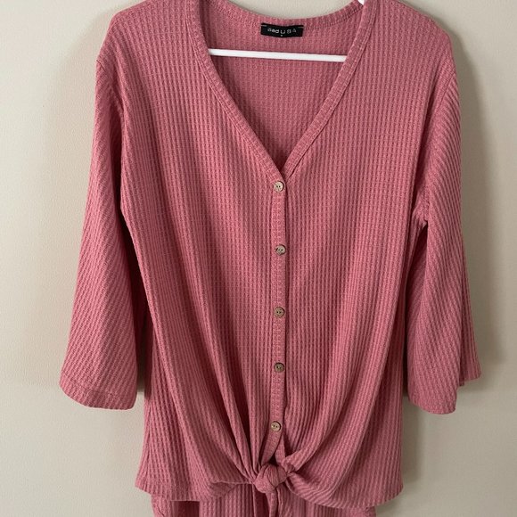 iliad USA Blush Tie-Knot Size Small Comfy Waffle Pullover Top 3/4 Bell Sleeves - Picture 1 of 16